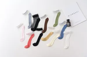 Ultra-thin sheer lace trim socks for women, breathable mesh cotton bottom short socks summer