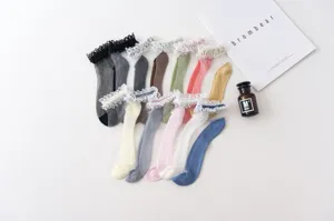 Women's ultra-thin sheer glass silk short socks with delicate lace trim, breathable mesh.
