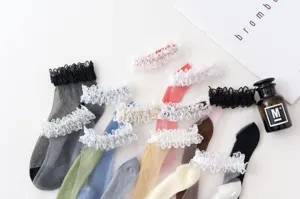 Women sheer lace ruffle short socks spring summer ultra-thin breathable glass silk socks