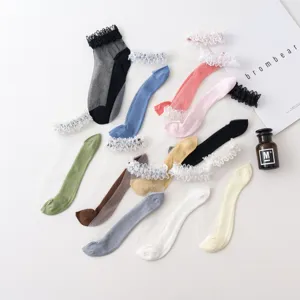 Women Sheer Mesh Ankle Socks Japanese Style Lace Trim Breathable Low Cut Boat Socks Color Block Thin Nylon Daily Hosiery
