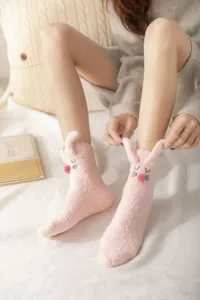 Cute plush bunny ears coral fleece warm socks for women, thick cozy winter sleep socks.