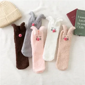 Women Cute Cartoon Rabbit Polyester Coral Fleece Thickened Warm Home Floor Socks Embroidered Fluffy Slippers Sleeping Socks For Winter
