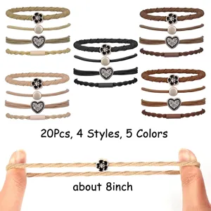 Set of 20 high elastic hair ties in 5 colors and 4 styles showing 8-inch stretchability