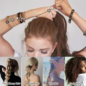 Detailed view of elastic hair ties suitable for thick, medium, thin, and curly hair