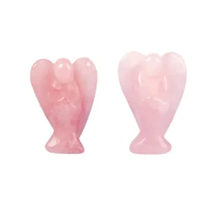 Pair of natural rose quartz hand-carved angel figurines for spiritual home decor