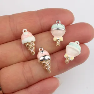 Close-up detail of cute ice cream enamel alloy charms, perfect for DIY jewelry making.