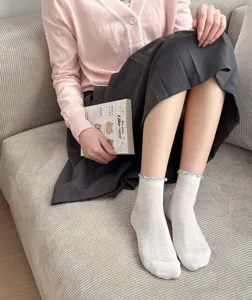 White mesh ruffle socks with delicate heart patterns for women, sweet JK Lolita style.