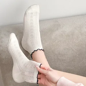 Cream white mesh ruffle socks for women, cute heart hollow-out design, thin cotton short socks.