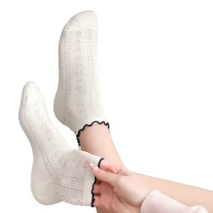 Cream white frilly mesh ankle socks for women, sweet heart hollow out cotton hosiery JK style