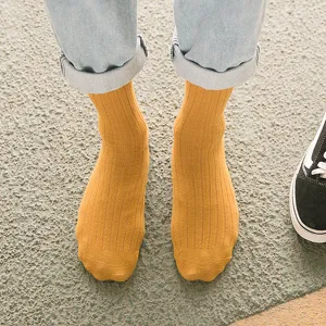 Heren effen kleur verticale streep katoen halverwege de kalf sokken casual comfortabel geel.