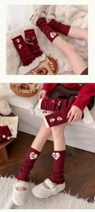 Rote gestrickte Beinwärmer für Damen mit Schleifen und Herzen, japanischer JK Stil Wintersocken.