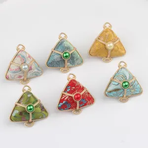 New Chinese Style Retro Song Brocade Triangle Zongzi Shape Alloy Charm Pendant With Artificial Pearl Accents For Keychain Bag Accessories DIY Handicrafts