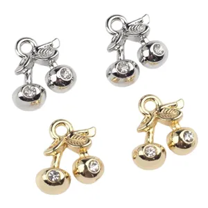 Metal cherry charm pendant with sparkling cubic zirconia for DIY jewelry making necklace