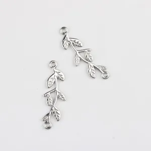 Silver alloy branch leaf double loop connectors for DIY jewelry making necklaces bracelets charms.