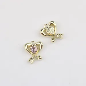 Gold alloy heart arrow charms DIY jewelry pendants, sparkling pink zircon crystal.