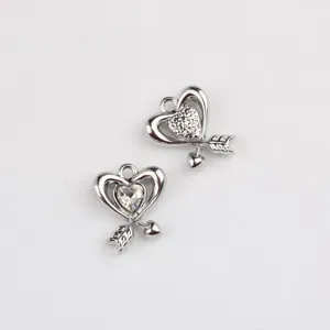 Silver alloy heart arrow charm pendant, crystal rhinestone DIY jewelry making accessories