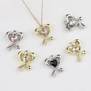 Minimalist Zinc Alloy Heart Shape Cupid Arrow Pendant Charm With Rhinestone Inlay Sparkly Romantic Crafting Making Accessories