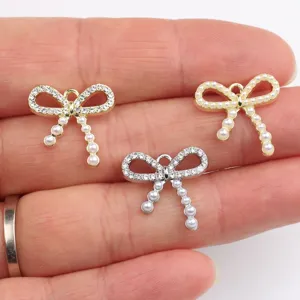 Alloy pearl zircon bow DIY pendant charm for bracelet necklace earrings handmade jewelry making.