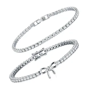 GRA Moissanite Tennis Bracelet Copper Platinum Plated Square Claw Setting Tennis Chain Inlaid Diamond Stacking Bracelet For Unisex Party Jewelry Gift