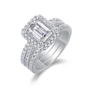 S925 zilveren smaragd moissaniet ring set, stijlvolle meerrijige band voor de verloving.