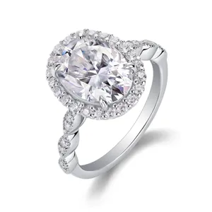 S925 silver oval moissanite ring with halo and gorgeous twisted pave band engagement