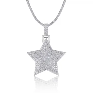 Collar con colgante de estrella de moissanite hip hop cadena de tenis plateada moda