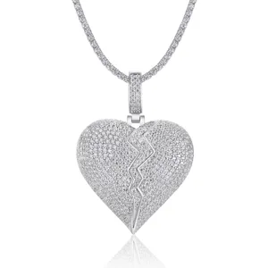 Collar con colgante de corazón roto helado con cadena de tenis, joyería brillante hip hop