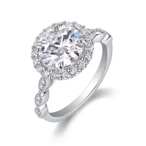 Exquisite halo moissanite ring detail, sparkling round stone with micro-paved silver band.