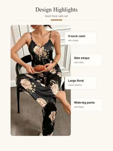 Conjunto de pijama de saten floral negro con camiseta y pantalon ancho, ropa de dormir.