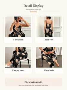 Primer plano detallado de las características del pijama de satén floral con pantalón.