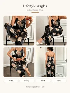 Vista detallada del conjunto lounge de satén floral que muestra un ajuste elegante.