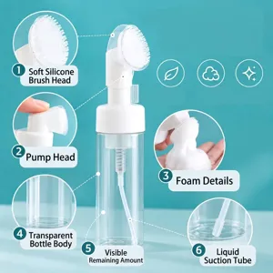 Refillable transparent foaming pump bottle with soft silicone brush head for facial cleansing