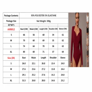 Detailed size chart and measurement guide for women's V-neck pleated velvet bodysuit