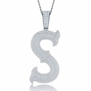 Pendentif lettre S en argent sterling 925 avec moissanite style hip hop détail