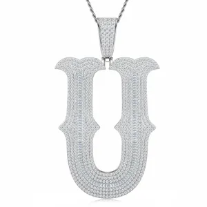Pendentif Lettre U en Argent Sterling 925 Style Hip Hop Collier avec Diamants Bijoux