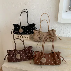 Chic polka dot shoulder bag minimalist commuting tote bag with furry ball pendant