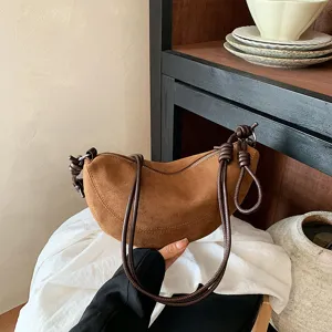 Sac bandoulière boulette en suédine marron, sac à main femme vintage chic à nœud pour tous les jours.