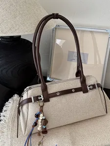 Sac sous le Bras en Cuir PU Vintage pour Femmes Sac à Épaule Rétro de Haute Qualité Avec Pendentif Perlé Surpiqûres Sac à Main Décontracté
