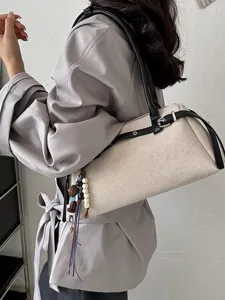 Sac porté épaule rétro en toile cylindrique, sac à main minimaliste décontracté avec perles.