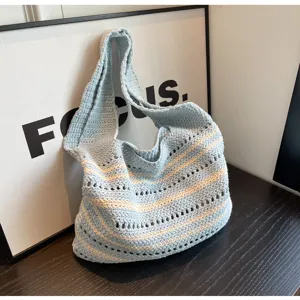 Casual crochet shoulder bag, stylish striped knit tote bag for women, large capacity beach bag.