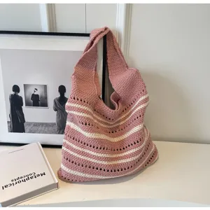 Stylish pink white striped crochet shoulder bag, large capacity casual knit tote for women.