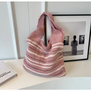 Knit crochet shoulder bag pink white striped hobo tote bag casual daily accessory detail view