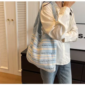 Light blue striped crochet tote bag, casual large capacity beach shoulder bag for women.