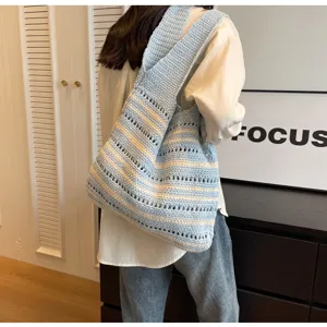 Chic crochet shoulder bag, blue and white striped casual tote, large capacity beach vacation bag.