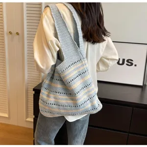 Blue beige striped crochet tote bag summer beach casual large capacity shoulder bag