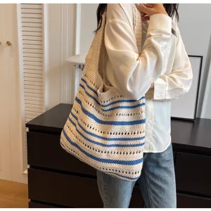 Crocheted knit shoulder tote bag, stylish striped beach casual handbag for women.
