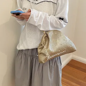 Fashion pearl shell crossbody bag for women, luxury gold leather evening shoulder bag.