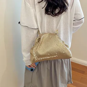 Fashion gold pearl shoulder bag stylish vintage crossbody shell bag for women daily use