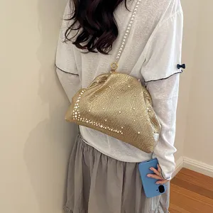 Stunning gold evening bag with faux pearls, stylish shell crossbody bag for women.
