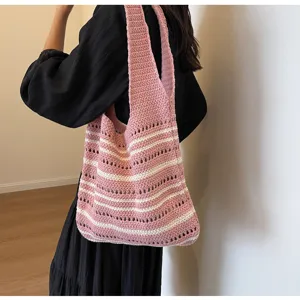 Pink white striped crochet shoulder bag casual knit tote aesthetic hobo vacation beach bag.